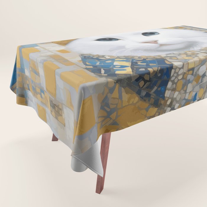White Klimt Cat with Blue Eyes and Knitted Scarf Tablecloth Gallery Image 1