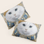 White Klimt Cat with Blue Eyes and Knitted Scarf Pillow Sham Gallery Image 3