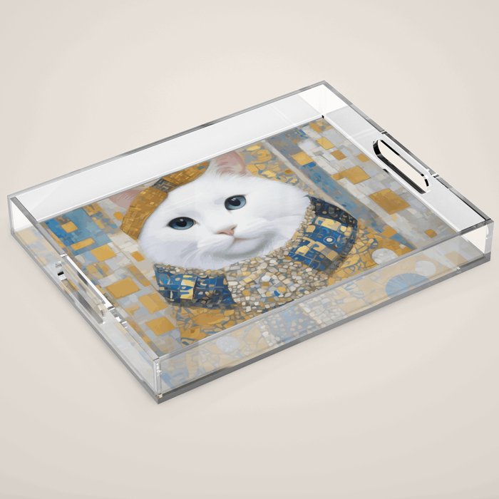White Klimt Cat with Blue Eyes and Knitted Scarf Acrylic Tray Gallery Image 1