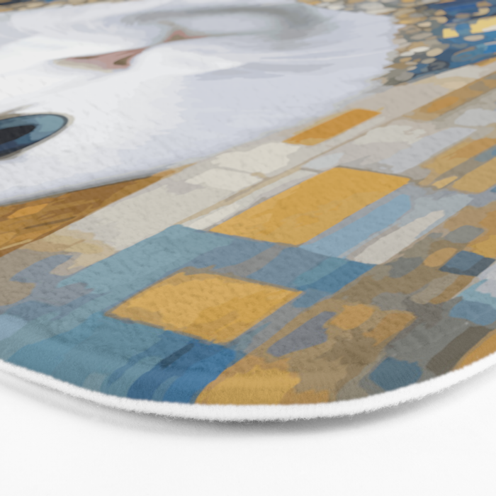 White Klimt Cat with Blue Eyes and Knitted Scarf Bath Mat Gallery Image 3