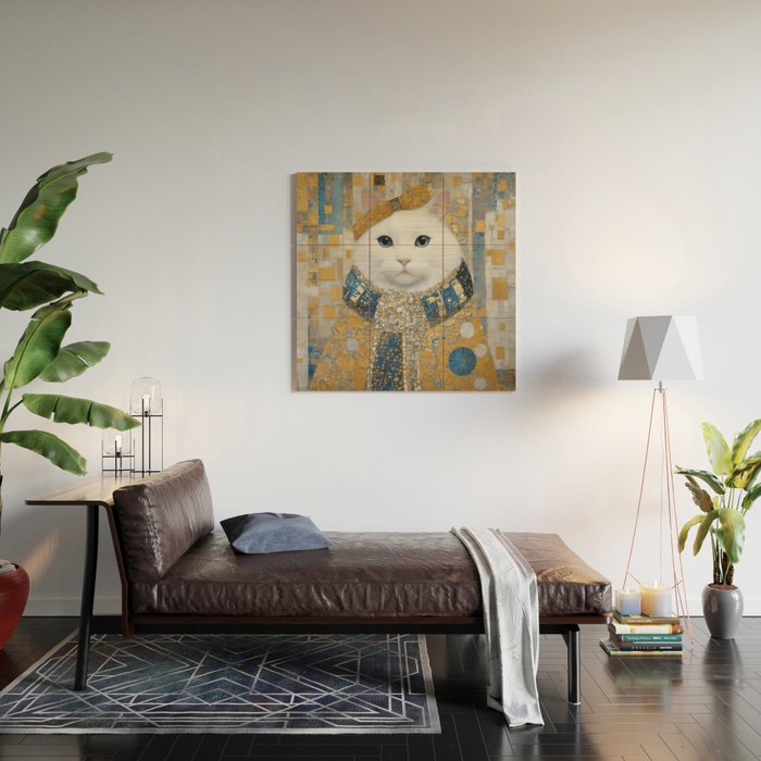 White Klimt Cat with Blue Eyes and Knitted Scarf Wood Wall Art Gallery Image 2