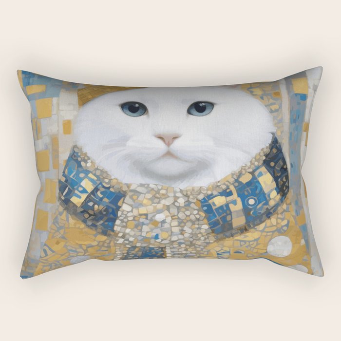 White Klimt Cat with Blue Eyes and Knitted Scarf Rectangular Pillow Gallery Image 2