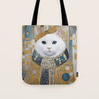 White Klimt Cat with Blue Eyes and Knitted Scarf Tote Bag Gallery Image 1