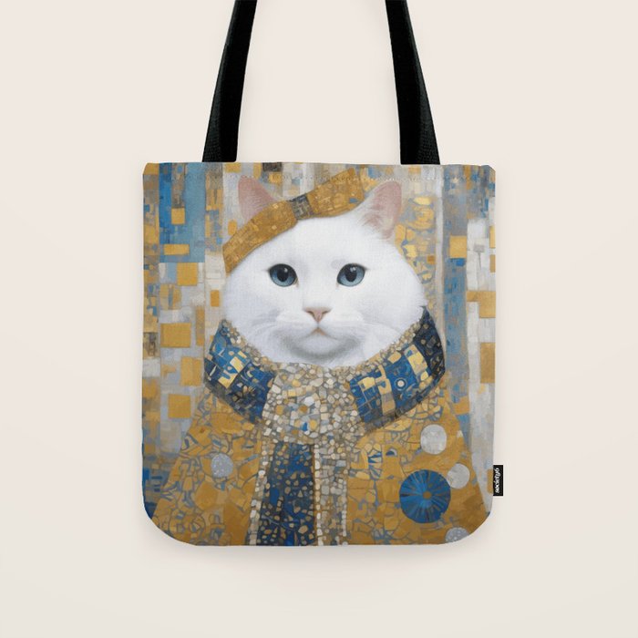 White Klimt Cat with Blue Eyes and Knitted Scarf Tote Bag Gallery Image 1