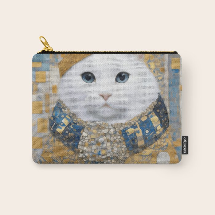 White Klimt Cat with Blue Eyes and Knitted Scarf Carry All Pouch Gallery Image 1