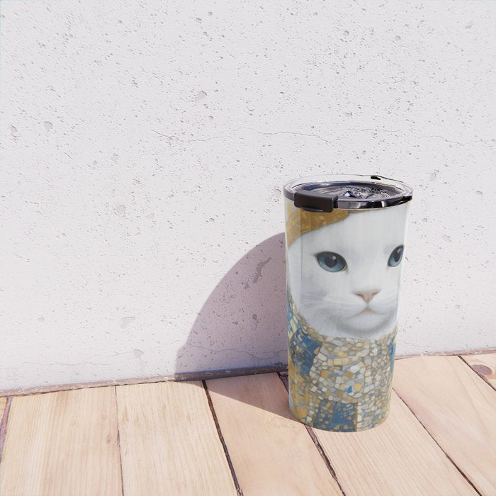 White Klimt Cat with Blue Eyes and Knitted Scarf Travel Mug Gallery Image 4