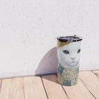White Klimt Cat with Blue Eyes and Knitted Scarf Travel Mug Gallery Image 4