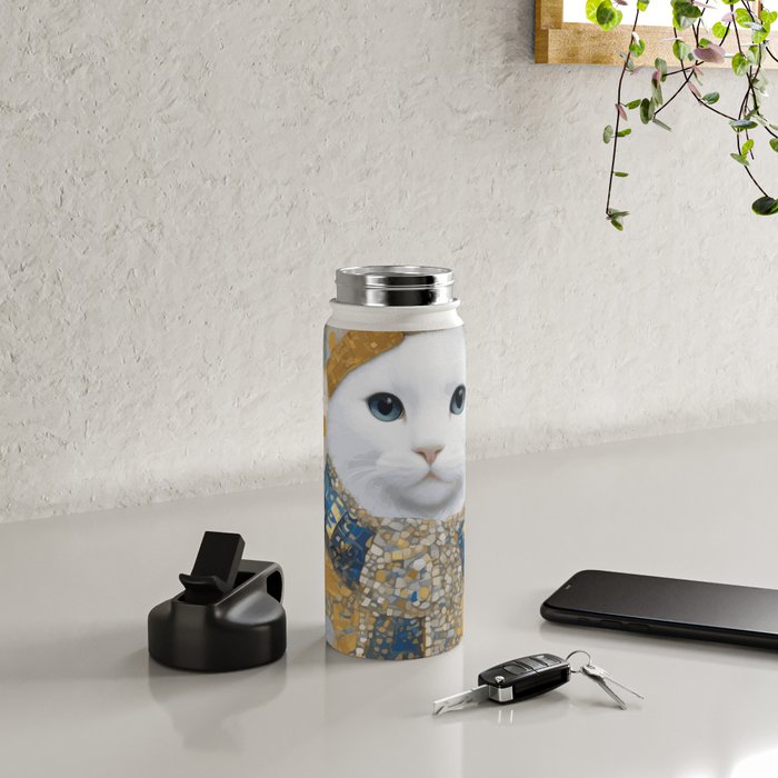 White Klimt Cat with Blue Eyes and Knitted Scarf Water Bottle Gallery Image 4