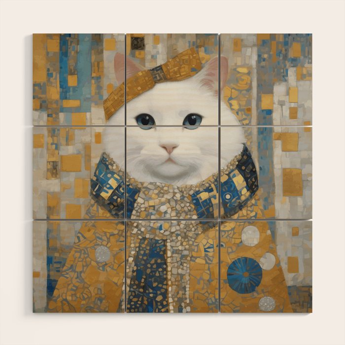 White Klimt Cat with Blue Eyes and Knitted Scarf Wood Wall Art Gallery Image 1