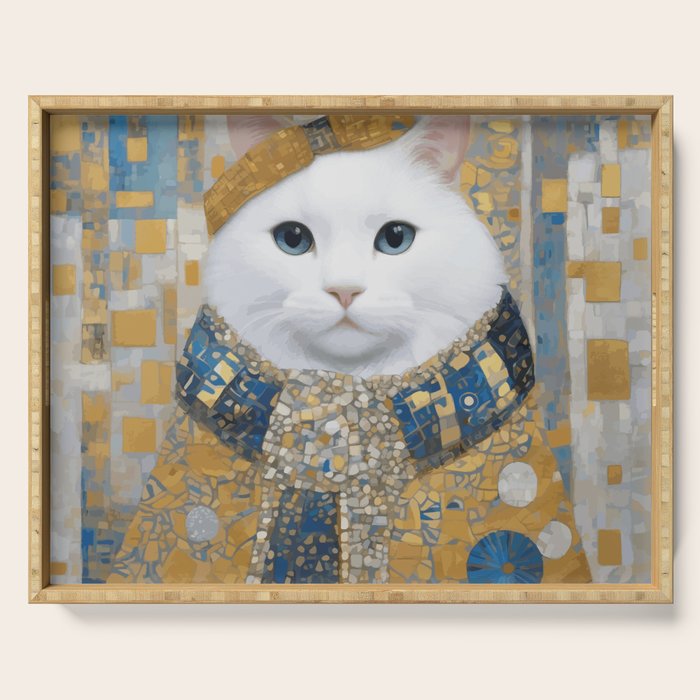 White Klimt Cat with Blue Eyes and Knitted Scarf Serving Tray Gallery Image 1