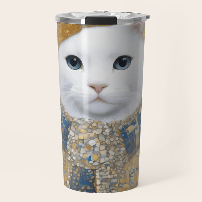 White Klimt Cat with Blue Eyes and Knitted Scarf Travel Mug Gallery Image 1