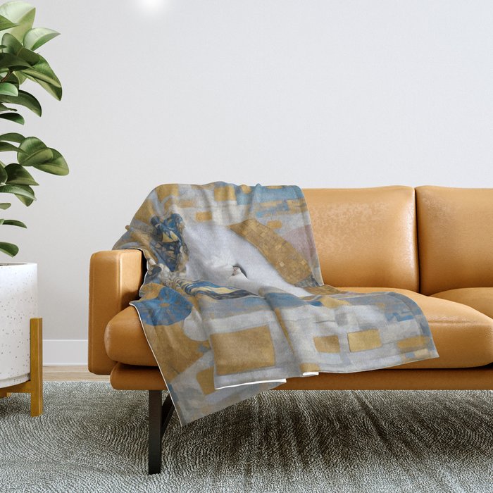 White Klimt Cat with Blue Eyes and Knitted Scarf Throw Blanket Gallery Image 1