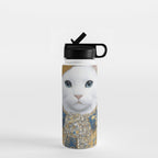 White Klimt Cat with Blue Eyes and Knitted Scarf Water Bottle Gallery Image 1