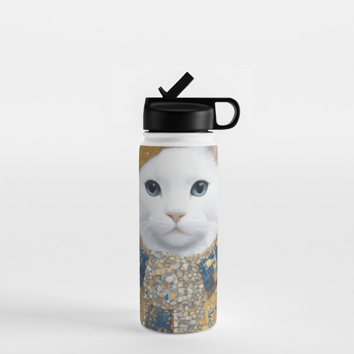 White Klimt Cat with Blue Eyes and Knitted Scarf Water Bottle Gallery Image 1