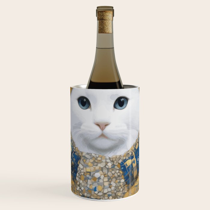 White Klimt Cat with Blue Eyes and Knitted Scarf Wine Chiller Gallery Image 1