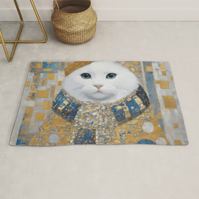 White Klimt Cat with Blue Eyes and Knitted Scarf Rug Gallery Image 1