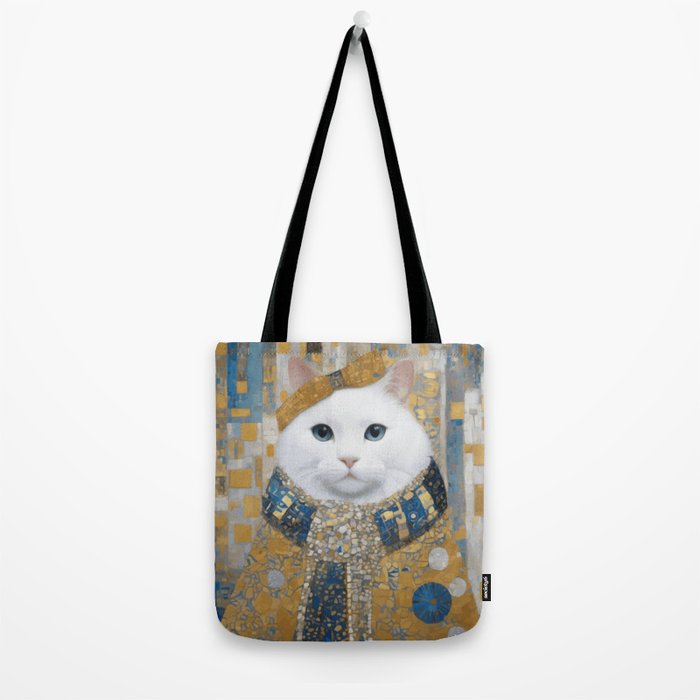 White Klimt Cat with Blue Eyes and Knitted Scarf Tote Bag Gallery Image 2
