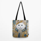 White Klimt Cat with Blue Eyes and Knitted Scarf Tote Bag Gallery Image 2
