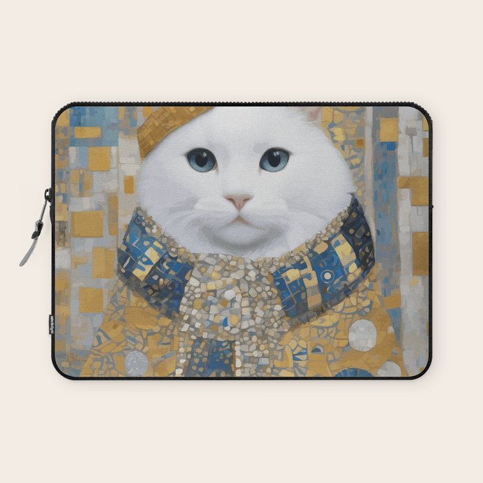White Klimt Cat with Blue Eyes and Knitted Scarf Laptop Sleeve Gallery Image 1