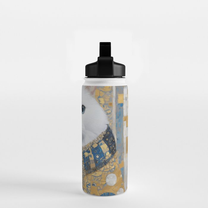 White Klimt Cat with Blue Eyes and Knitted Scarf Water Bottle Gallery Image 2