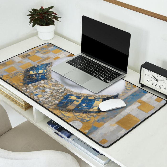 White Klimt Cat with Blue Eyes and Knitted Scarf Desk Mat Gallery Image 2