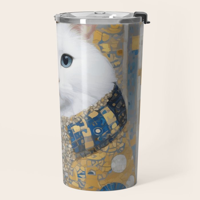 White Klimt Cat with Blue Eyes and Knitted Scarf Travel Mug Gallery Image 2