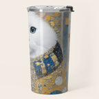 White Klimt Cat with Blue Eyes and Knitted Scarf Travel Mug Gallery Image 2