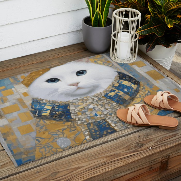 White Klimt Cat with Blue Eyes and Knitted Scarf Outdoor Rug Gallery Image 2