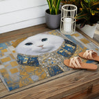 White Klimt Cat with Blue Eyes and Knitted Scarf Outdoor Rug Gallery Image 2