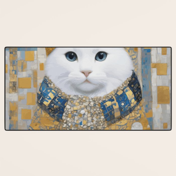 White Klimt Cat with Blue Eyes and Knitted Scarf Desk Mat Gallery Image 3