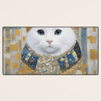 White Klimt Cat with Blue Eyes and Knitted Scarf Desk Mat Gallery Image 3