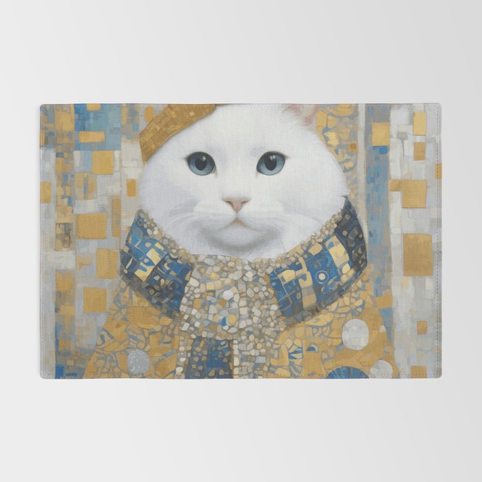 White Klimt Cat with Blue Eyes and Knitted Scarf Rug Gallery Image 2