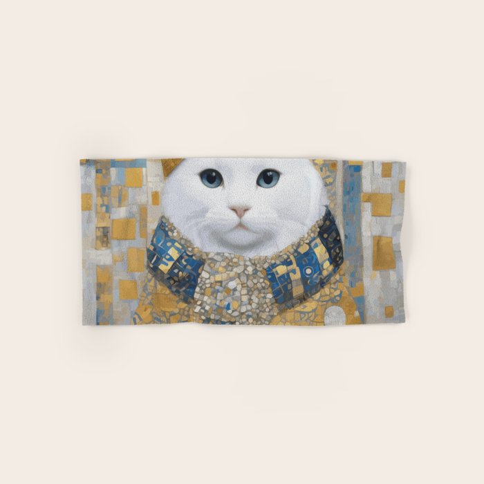 White Klimt Cat with Blue Eyes and Knitted Scarf Bath Towel Gallery Image 1