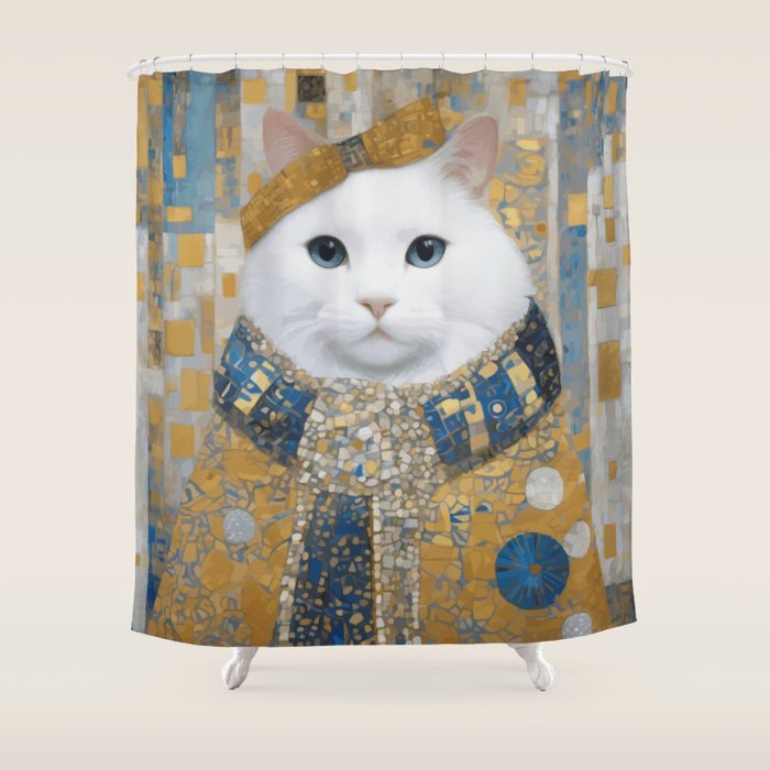 White Klimt Cat with Blue Eyes and Knitted Scarf Shower Curtain Gallery Image 1