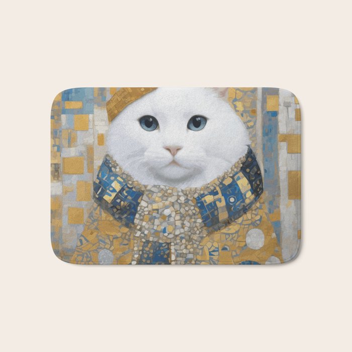 White Klimt Cat with Blue Eyes and Knitted Scarf Bath Mat Gallery Image 1