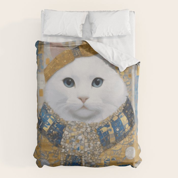 White Klimt Cat with Blue Eyes and Knitted Scarf Duvet Cover Gallery Image 6