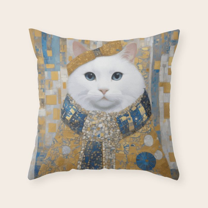White Klimt Cat with Blue Eyes and Knitted Scarf Throw Pillow Gallery Image 2