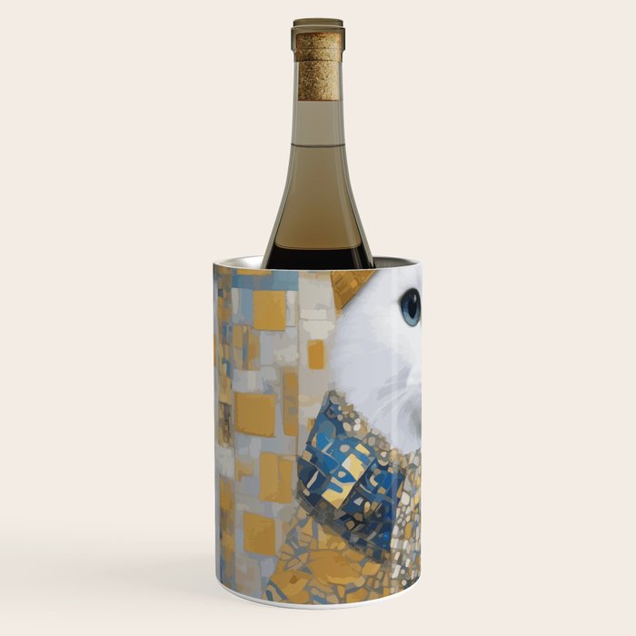 White Klimt Cat with Blue Eyes and Knitted Scarf Wine Chiller Gallery Image 2