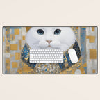 White Klimt Cat with Blue Eyes and Knitted Scarf Desk Mat Gallery Image 1