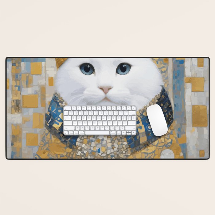 White Klimt Cat with Blue Eyes and Knitted Scarf Desk Mat Gallery Image 1
