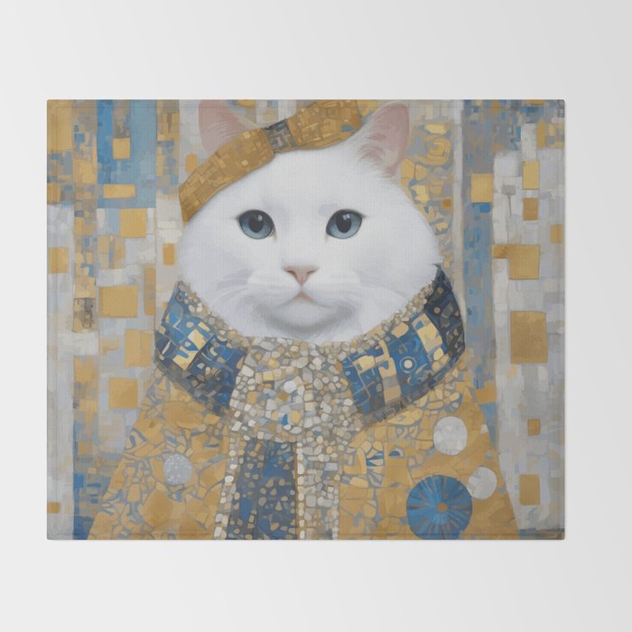 White Klimt Cat with Blue Eyes and Knitted Scarf Throw Blanket Gallery Image 2