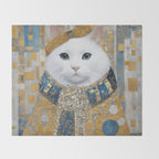 White Klimt Cat with Blue Eyes and Knitted Scarf Throw Blanket Gallery Image 2