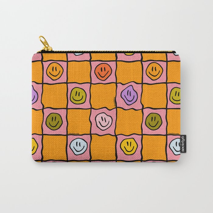 Pink Happy Face Checkered Print Carry All Pouch Gallery Image 1