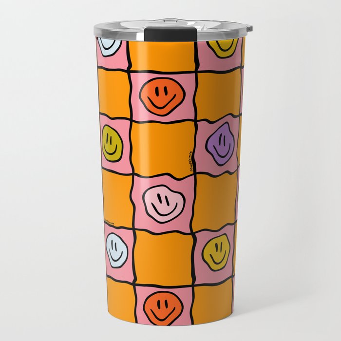 Pink Happy Face Checkered Print Travel Mug Gallery Image 1