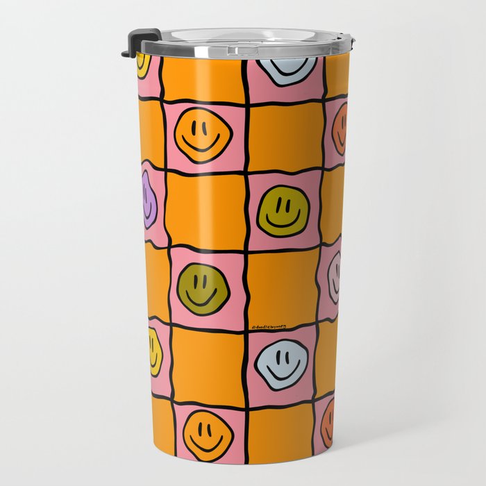Pink Happy Face Checkered Print Travel Mug Gallery Image 3