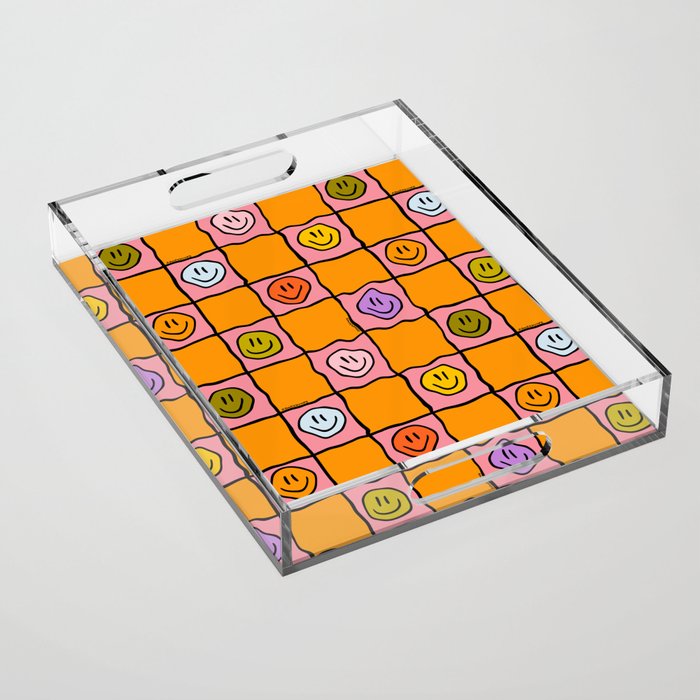 Pink Happy Face Checkered Print Acrylic Tray Gallery Image 1