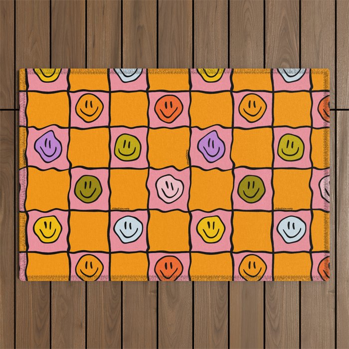 Pink Happy Face Checkered Print Outdoor Rug Gallery Image 1