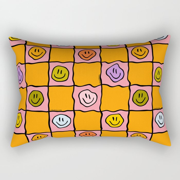 Pink Happy Face Checkered Print Rectangular Pillow Gallery Image 1