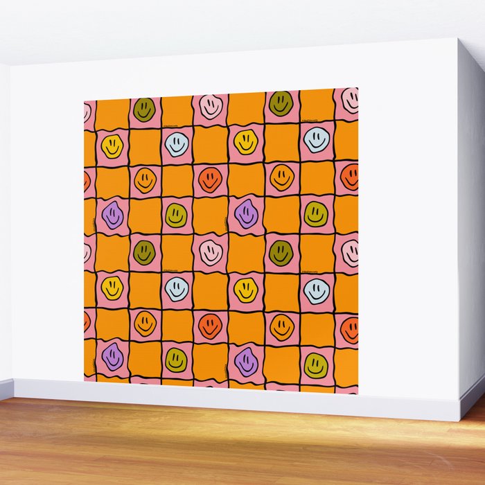 Pink Happy Face Checkered Print Wall Mural Gallery Image 2