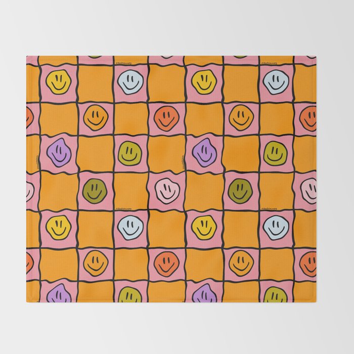 Pink Happy Face Checkered Print Throw Blanket Gallery Image 2